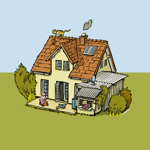 Ausschnitt der Illustration: Die fünf Häuser von Hof Wiesengrund – Kleines Haus