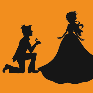 Scherenschnitt vor orangefarbenem Hintergrund: Prinz kniet mit Ring vor Prinzessin | Märchentherapeutisches Angebot Hof Wiesengrund