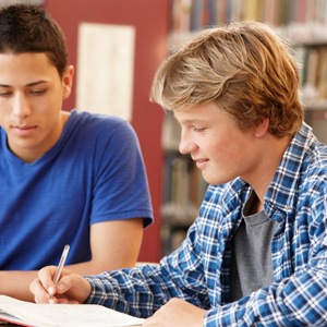 Zwei Schuljungen sitzen mit Papier und Stift in der Bibliothek | Schulbegleitung Hof Wiesengrund